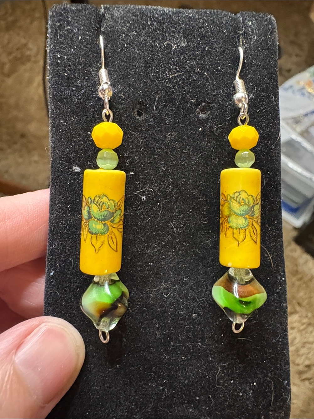 Hand Crafted Painted Ceramic and Glass Floral Drop Earrings
